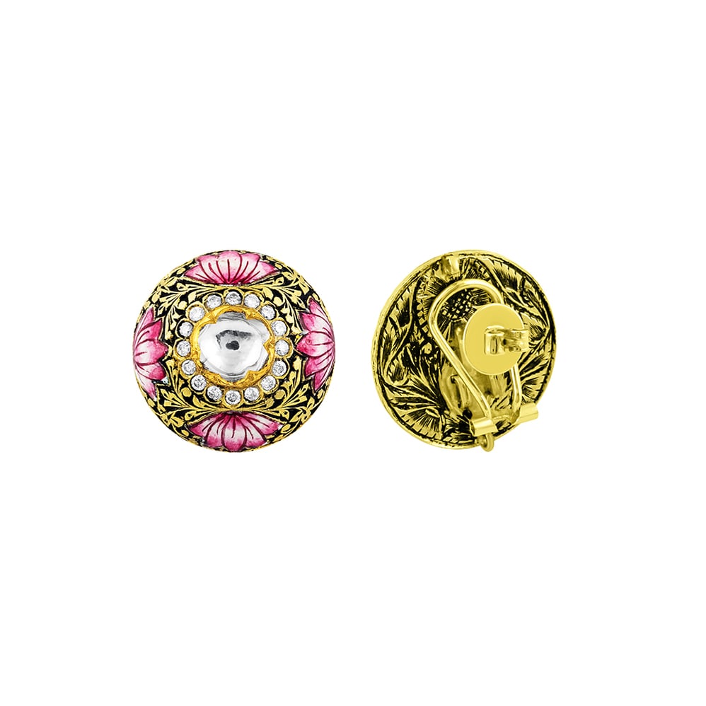 Partash Studs with Polki, Full-Cut Diamonds, and Lotus Enamel